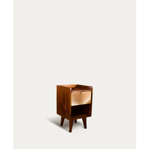 Mid-Century Wood Bedside Table with Gold Drawer 1