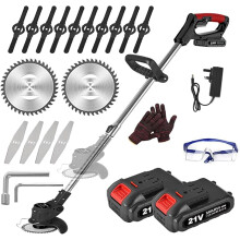 21V Cordless Strimmer, Telescopic Lightweight Grass Trimmer with 6xMetal Blades & 10xPlastic Blades, 2 x 2000mAh Battery