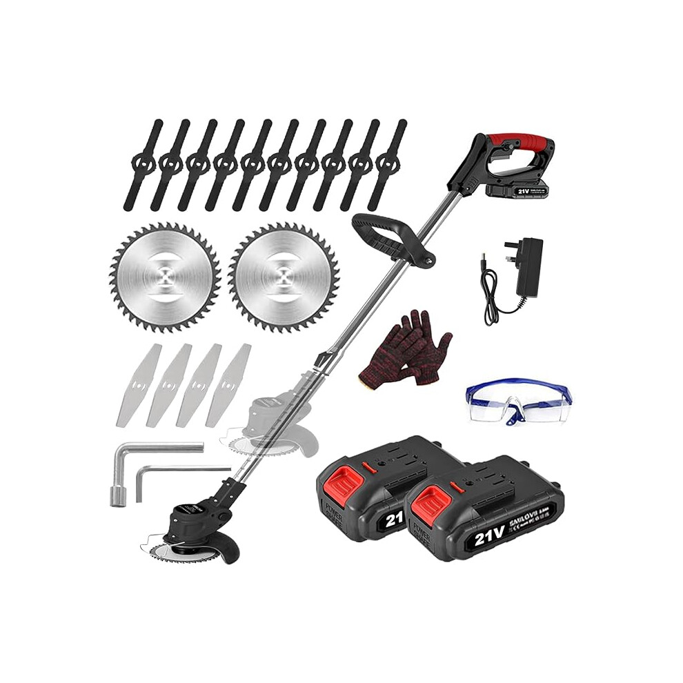 21V Cordless Strimmer, Telescopic Lightweight Grass Trimmer with 6xMetal Blades & 10xPlastic Blades, 2 x 2000mAh Battery