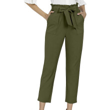 (L, Army Green) Women's Hight Waisted Work Pants Cropped Paper Bag Business Casual Pants with Pockets watermelon red S