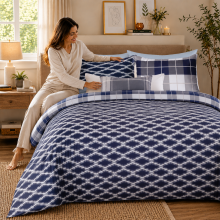 (Single, Navy Check) Luxury Floral Printed Duvet Cover Set | Reversible Designer Bedding | Matching Pillowcases | Hotel Quality