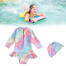 (80) UPF50+ Infant Girls Beachwear Long Sleeve Swimwear Fish Scale Pattern One-pieced Bathing Suit with Adorable Ruffle Trim 130