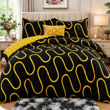 (Double, Black & Grey Wave) Luxury Floral Printed Duvet Cover Set | Reversible Designer Bedding | Matching Pillowcases | Hotel Quality