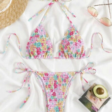 (S, Blue) Women 3 Pieces Swimsuits with Beach Coverup Ladies Push Up Swimwear Flower Print Bathing Suit for Beachwear XL Pink