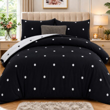 (Double, Polka Dot Black & White) Luxury Floral Printed Duvet Cover Set | Reversible Designer Bedding | Matching Pillowcases | Hotel Quality