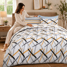 (Double, Ochre Stripe) Luxury Floral Printed Duvet Cover Set | Reversible Designer Bedding | Matching Pillowcases | Hotel Quality