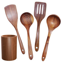 Stoviglie nel Legno, Set di Stoviglie da Cucina nel Teak con Supporto, Adatto per Pentole Antiaderenti, Cucchiaio da Cucina nel Legno 5 Pezzi