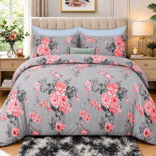 (Double, Grey Bouquet) Luxury Floral Printed Duvet Cover Set | Reversible Designer Bedding | Matching Pillowcases | Hotel Quality