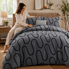 (King, Black & Grey Wave) Luxury Floral Printed Duvet Cover Set | Reversible Designer Bedding | Matching Pillowcases | Hotel Quality
