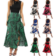 (S, Navy Blue) Summer Bodycon Sexy Women Dress Sleeveless Long Patchwork New Leafs Printed High Split Dresses Summer Spring for Women Navy Blue L