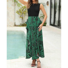 (S, Red) Summer Bodycon Sexy Women Dress Sleeveless Long Patchwork New Leafs Printed High Split Dresses Summer Spring for Women Navy Blue L