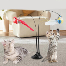 (C) Double Rod Colorful Feathered Birds Cats Entertainer With Flexible Spring Wire And Antislip Suction Base For Kitten