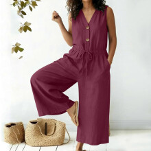 (S, Black) Linen Rompers Women V Neck Button Down Cotton Linen Sleeveless Jumpsuit Loose Fit Wide Leg Overalls with Pockets  peacockblue S