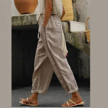 (XXXL, camel) Women's Linen Pants Casual Highs Waist Drawstring Wide Leg Cropped Pants Summer Loose Trousers with Pockets camel XXXL