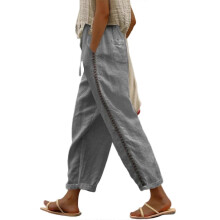 (L, Gray) Women's Linen Pants Casual Highs Waist Drawstring Wide Leg Cropped Pants Summer Loose Trousers with Pockets camel XXXL