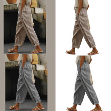 (M, Gray) Women's Linen Pants Casual Highs Waist Drawstring Wide Leg Cropped Pants Summer Loose Trousers with Pockets camel XXXL