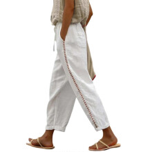 (XXXL, White) Women's Linen Pants Casual Highs Waist Drawstring Wide Leg Cropped Pants Summer Loose Trousers with Pockets camel XXXL