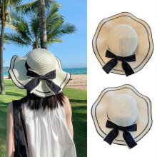 (One Size, Khaki) Elegant Ribbon Bow Straw Hat Handwoven Breathable Elegant Bowknot Belt Hat Holiday Vacation Hat Western Sun Hat White One Size