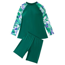 Women Two Piece Long Sleeve Rashguard Swimwear With Shorts For Swimming Surfing Green XXL