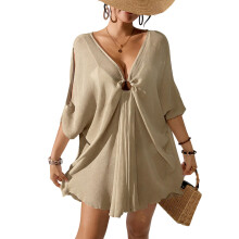 Women Casual Loose Batwings Sleeves Beach Cover Up Dress For Sunbathing Swimming Khaki S