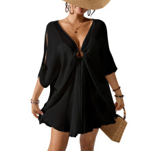 V Neck Batwings Sleeves Swimsuit Coverup Light Weight Polyester Beach Cover Up Black S