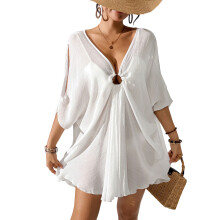 Multipurpose Beach Cover Up Dress V Neck Batwings Sleeves Swimwears Coverup White S