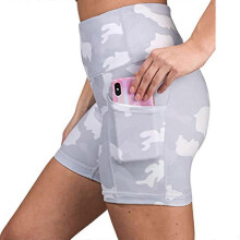 (S, Gray) Women Workout Yoga Shorts High Waisted Running Leggings Camouflage Pocket Tights Black L