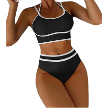 Women Two Piece High Waist Scooped Neck Swimsuit Set Swimwears Adjustable Strap Black M