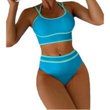 Women Two Piece High Waist Scooped Neck Swimsuit For Surfing Sunbathing Swimming Blue XL