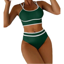 Women Two Piece High Waist Scooped Neck Swimsuit Adjustable Strap Bathing Suit Green S