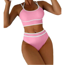 Women High Waist Belly Control Swimsuit Two Piece Scooped Neck Swimsuit for Pool Pink M