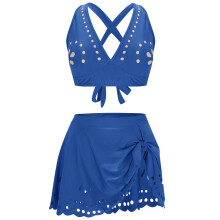 Women V Neck High Waist Swimsuit Two Piece Backless Swimming Costume for Beach Blue L