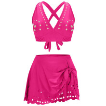 Women V Neck High Waist Swimwears Two Piece Swimming Costume for Beach and Pool Rose red S