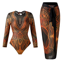 Women 1 Piece Rashguard Long Sleeve Swimsuit with Coverup Dress for Surfing Dark brown L