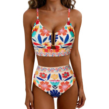 Fashion Floral Pattern High Waist Tankini Set Comfortable Swimwear For Pool Orange XL