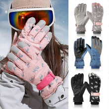 Women Men Winter Waterproof Snow Ski Gloves Cartoon Deer Print Thermal Plush Lined Adjustable Outdoor Sports Cycling Windproof Snowboard Mittens PK