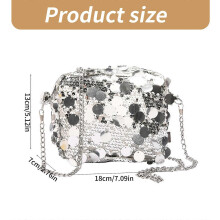 (Black) Compact And Stylish Evening Purse Crossbody Handbag With Sparkling Sequined Delicate Chain Strap Shoulder Bag For Women Silver
