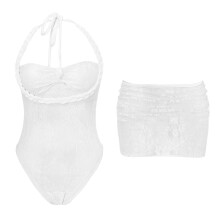Women Sheer Monokini Swimwear With Beach Coverup Skirt for Beach Vacation White S