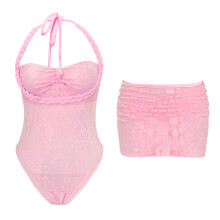 1 Piece Halterneck Swimsuit Sheer Monokini Bathing Suit With Beach Skirt Pink L