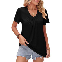 (L, Black) Women Summer Ruffle Short Sleeve Shirred V-Neck Plain T-Shirt Casual Loose Fit Solid Color Pleated Pullover Tunics Tops White S