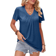 (M, Navy blue) Women Summer Ruffle Short Sleeve Shirred V-Neck Plain T-Shirt Casual Loose Fit Solid Color Pleated Pullover Tunics Tops White S