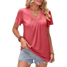 (XL, Pink) Women Summer Ruffle Short Sleeve Shirred V-Neck Plain T-Shirt Casual Loose Fit Solid Color Pleated Pullover Tunics Tops White S