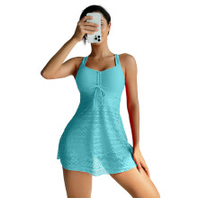 Women Two Piece Hollowed High Waist Tankini Swimwear with Boyshorts For Lake blue 4XL