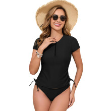 Set of 2pcs Breathable Half Zip Short Sleeve Tankini Swimwear for Sensitive Skin Black XL