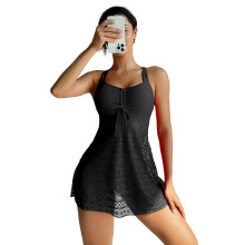 Women Two Piece Hollowed High Waist Tankini Swimwear with Boyshorts For Beach Black 4XL