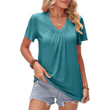 (XL, peacock blue) Women Summer Ruffle Short Sleeve Shirred V-Neck Plain T-Shirt Casual Loose Fit Solid Color Pleated Pullover Tunics Tops White S