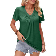 (XXL, dark green) Women Summer Ruffle Short Sleeve Shirred V-Neck Plain T-Shirt Casual Loose Fit Solid Color Pleated Pullover Tunics Tops White S
