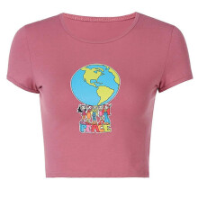(M) Women Summer Short Sleeve O-Neck Skinny for T Shirt Cartoon Girls Earth Comic Printed Crop Top Harajuku Casual Slim Fit Graphic Tees Streetwear S