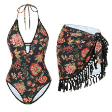 2PCS Deep V Tankini Set With Fringe Skirt High Elastic Polyester Swimwear Suit 2 XL