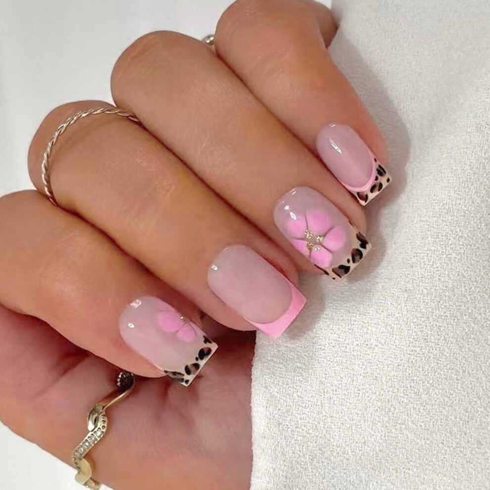 Pink 24Pieces Artificial Nail French Tip Leopard Print Flower Glittering Press On